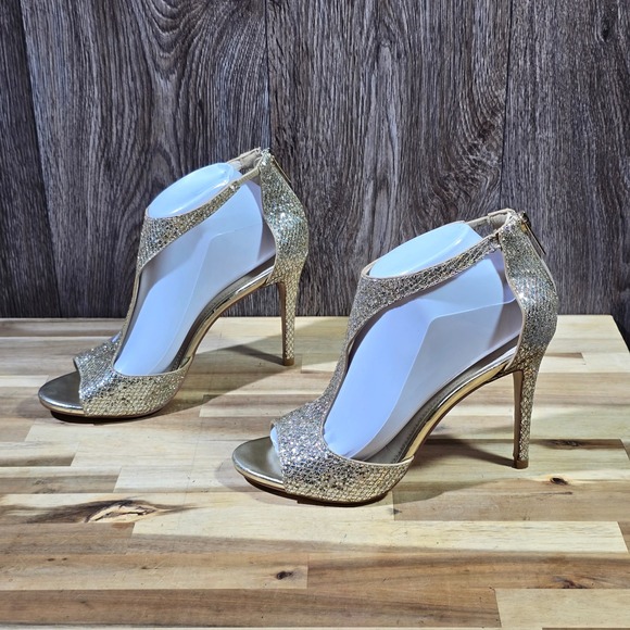 David's Bridal Heels Gold Silver Glitter Peep Toe Zip Back Formal Wedding Size 9 - Picture 2 of 11